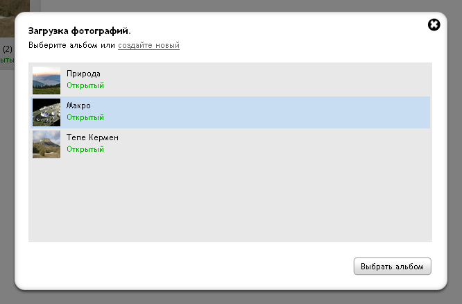 Выбор существующего
		альбома